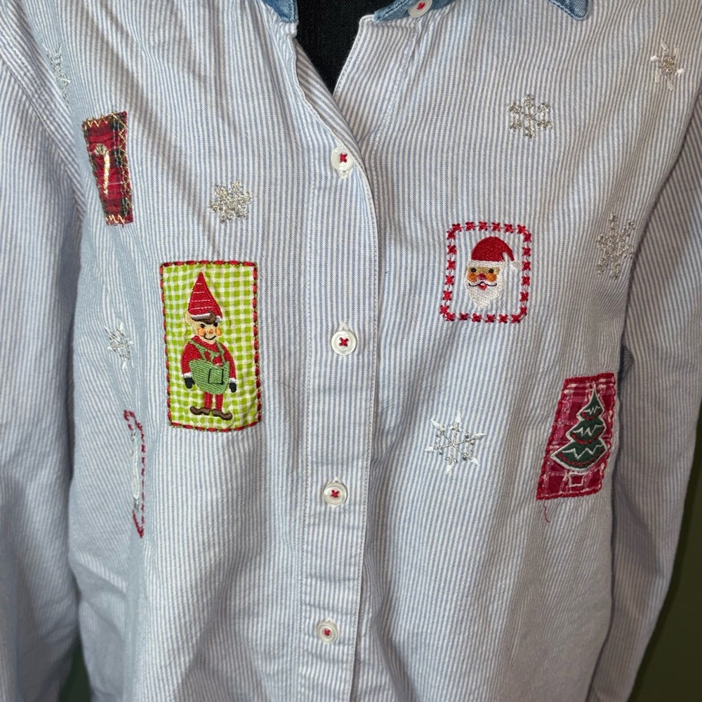 Vintage XL Christmas Shirt Long Sleeve Cotton Embroidered Santa Elf Tree